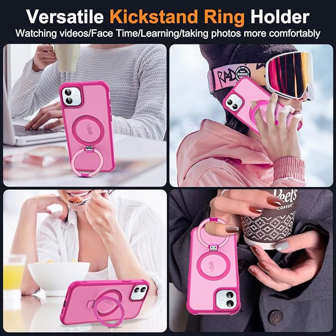 Compatible with iPhone 12 Case & iPhone 12 Pro Case with Invisible Magnetic O-Ring Stand Translucent Phone Cases 6.1" [Compatible with Mag-Safe][Great Grip Feeling], Rose