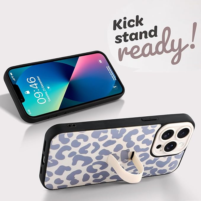 Compatible with iPhone 13 Pro Max Case with Finger Hand Strap Kickstand, Trendy Cool Leopard Cheetah Print Phone Case for Women Men, Full Camera Protection Shockproof Protective Cover, White