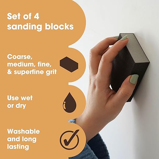 Furniture Clinic Sanding Block - Pack of 4 Wet & Dry Sanding Sponges (Coarse 60 / Medium 80 / Fine 120 220) - Abrasive Grit Sandpaper Blocks for Wood, Walls & Ceilings