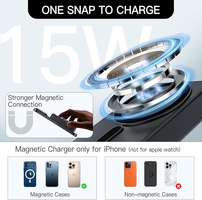 HUOTO 3 in 1 Foldable Magnetic Wireless for iPhone Charging Station,10000mAh Portable Charger Power Bank with Stand for MagSafe Battery Pack for iPhone 16/15/14/13/12 Series,for Apple Watch/Air pods