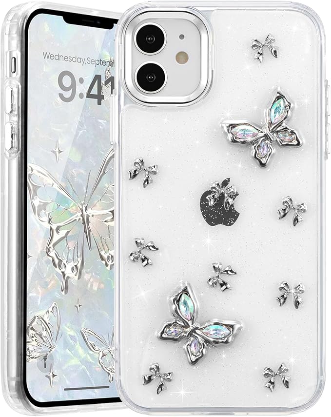 EYZUTAK Case for iPhone 11, Bling Glitter 3D Butterflies Bowknot Phone Case Cute Crystal Clear Bow Aesthetic Case Slim Soft Durable TPU Transparent Protective Cover for Women Girls - Butterfly