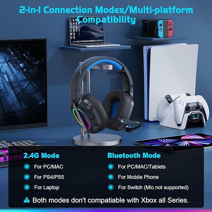 FC200 Wireless Gaming Headset for PS5, PS4-2.4GHz USB Foldable Headphones with Mic - 3D Stereo Bluetooth Headset with 50Hrs Battery Life, for Switch, PC, Mac, Mobile