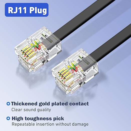 moeverEX Phone Cord 50FT, Landline Telephone Cable with RJ11 Plug, Includes Telephone Inline RJ11 Splitter and 20Pcs Cable Clips(Black)