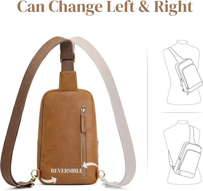 S-ZONE Sling Bag for Men Women RFID Blocking Top Grain Leather Crossbody Shoulder Bag Chest Hiking Daypack Travel