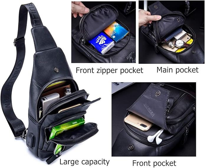 BULLCAPTAIN Men Sling Crossbody Bag with USB Charging Port Genuine Leather Shoulder Chest Bag Travel Hiking Backpack (Black)