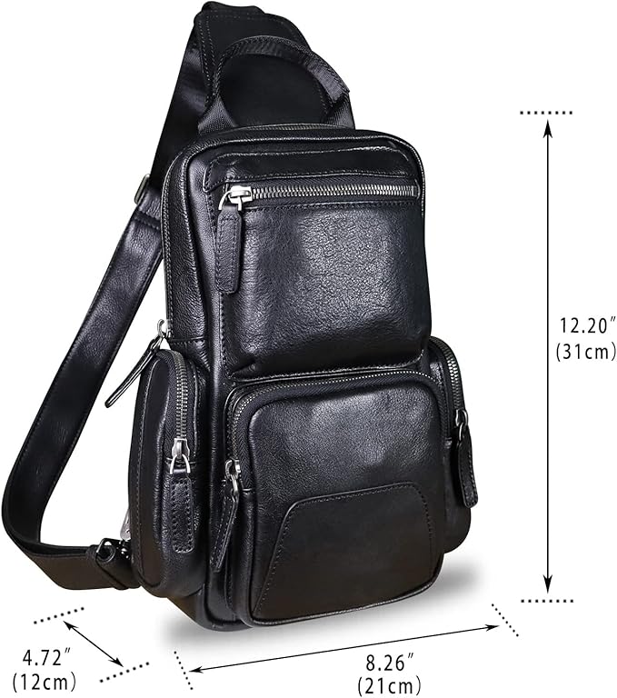 IVTG Genuine Leather Sling Bag Crossbody Casual Hiking Daypack Vintage Handmade Chest Bag Shoulder Backpack Motorcycle Pack (Darkgrey)