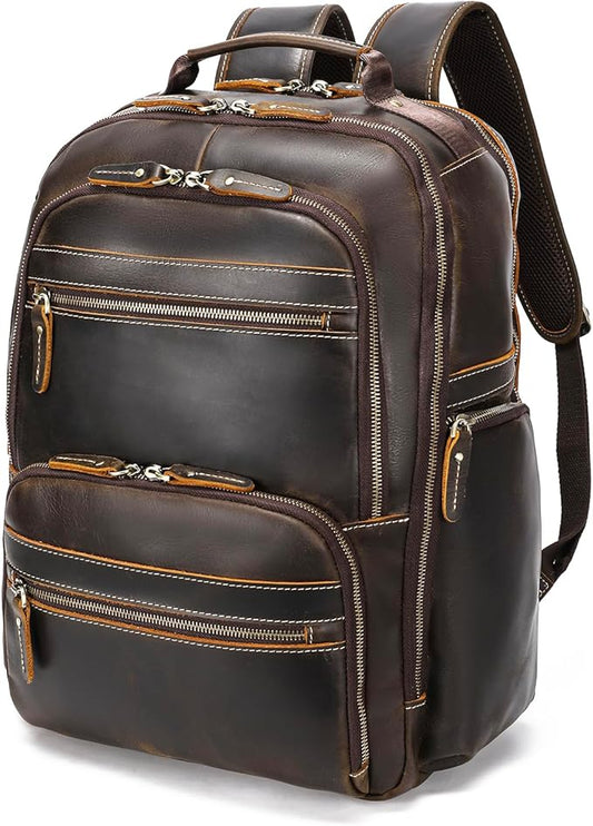 LANNSYNE Vintage Mens Full Grain Leather Backpack Fits 17.3 Inch Laptop, Large Casual Rucksack Shoulder Bag For Travel/Camping/Hiking-Brown