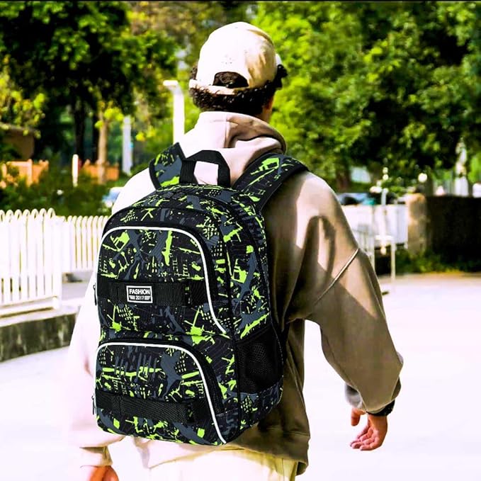 17 Inches Backpack for Boys Men, 3Pcs College Laptop Backpacks Set for Teens Students, Water Resistant Graffiti School Bookbag with Lunch Bag(Green)