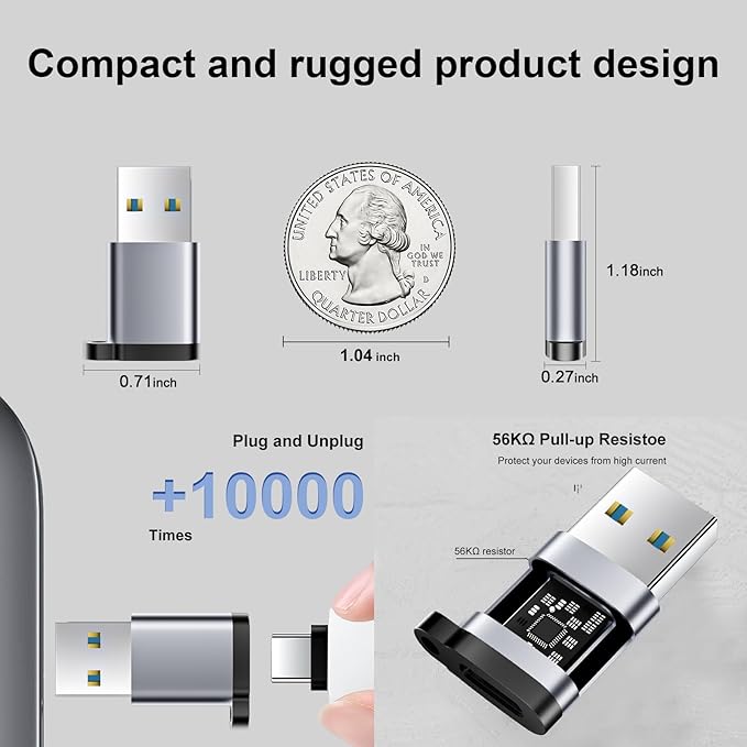 USB to USB C Adapter 6 Pack,USB-A to USB-C Adapter,USBA Male TypeC Female Adaptor,Charger Cable Converter,USBC Adapters for iPhone 16 15 13,MacBook Pro,Laptop,iPad,AirPods and More,Grey