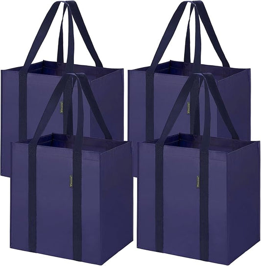 BALEINE 4 PK Grocery Bags Reusable Shopping Bags with Reinforced Bottom, Heavy Duty Foldable Tote Bags (Navy Blue)