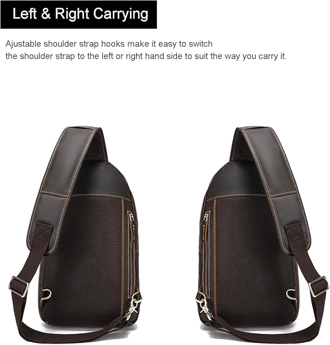 LANNSYNE Full Grain Leather Casual Sling Bag For Men Hiking/Travel/Business Crossbody Chest Bag Fits 12.9" iPad