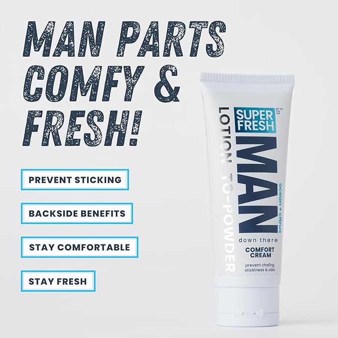 Super Fresh Ball Deodorant Powder Lotion Comfort Cream for Man Parts Groin Butt and Body Hygiene Controls Odor Stops Chafing and Itch Absorbs Sweat Aluminum Free Formula in 4 oz Tube