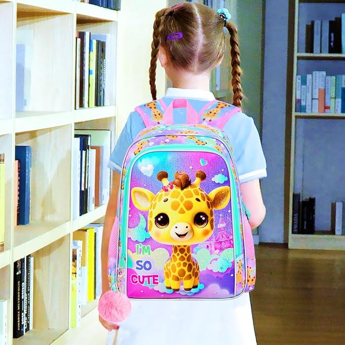 3Pcs Backpack for Girls, 16" Kids Bookbag with Lunch Box, Giraffe School Backpacks Set for Elementary Preschool Kindergarten(Pink)