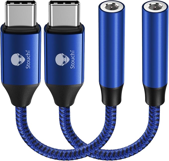 Stouchi USB C to 3.5mm Female Adapter, Type C Headphone Audio Jack Cable Cord Hi-Fi Dongle for Pixel 9/8/7 6a, Samsung Galaxy S22 S21 Ultra Z Flip Note20,2022 iPad Pro -Blue 2 Packs