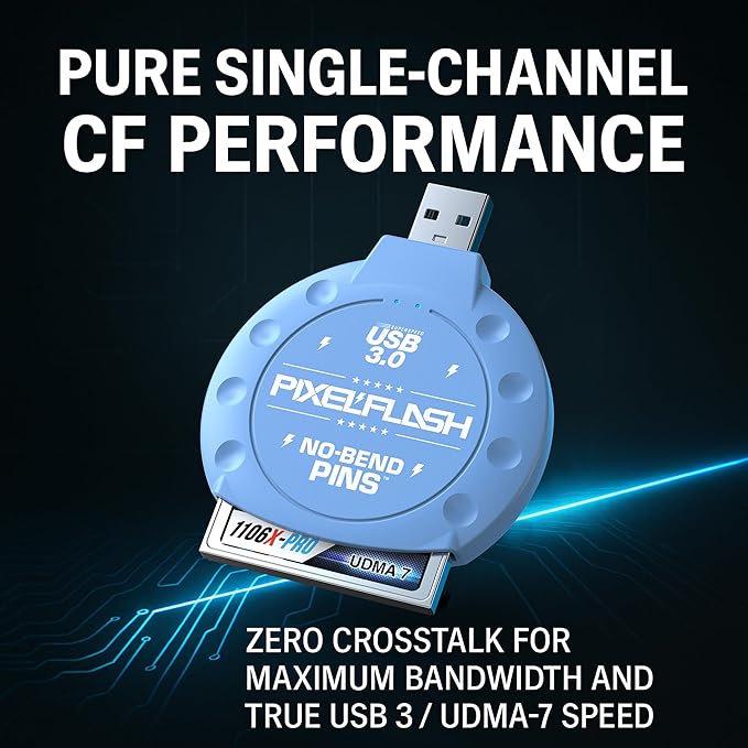 PixelFlash CF Card Reader (Blue) - Compact Flash Memory Card Adapter with USB 3.0, 5GB/s File Transfer, No-Bend Pins, Supports UDMA-7, Anti-Slip & Anti-Scratch, Compatible with Most Brands & OS