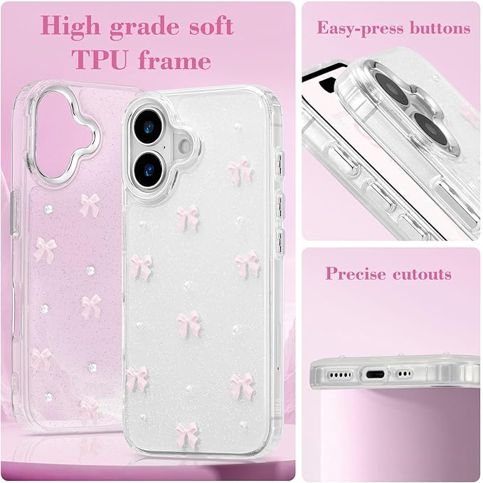 EYZUTAK Case for iPhone 16 Plus, Bling Glitter 3D Bowknot Phone Case Cute Sparkly Crystal Clear Bow Aesthetic Design Case Slim Soft Durable TPU Transparent Protective Cover for Women Girl - Pink Bow