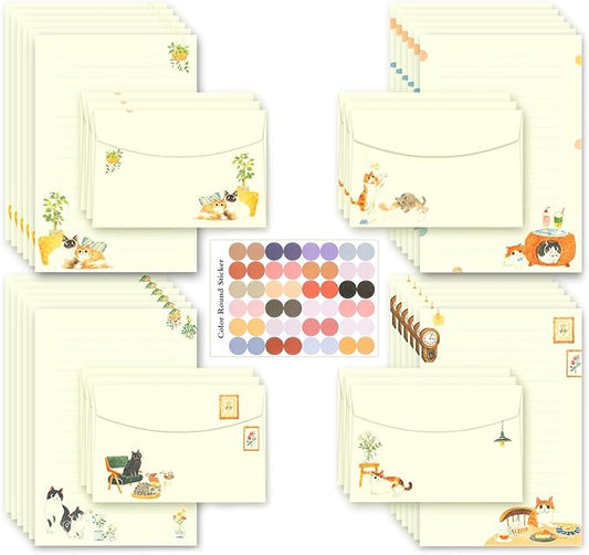 37 Pcs Stationery Paper Envelopes Set Includes 24 Lined Writing Paper & 12 Envelopes with 48 Colorful Round Dot Stickers, Cute Vintage Cat Letter Writing and Stationery Paper Envelopes(4Style)