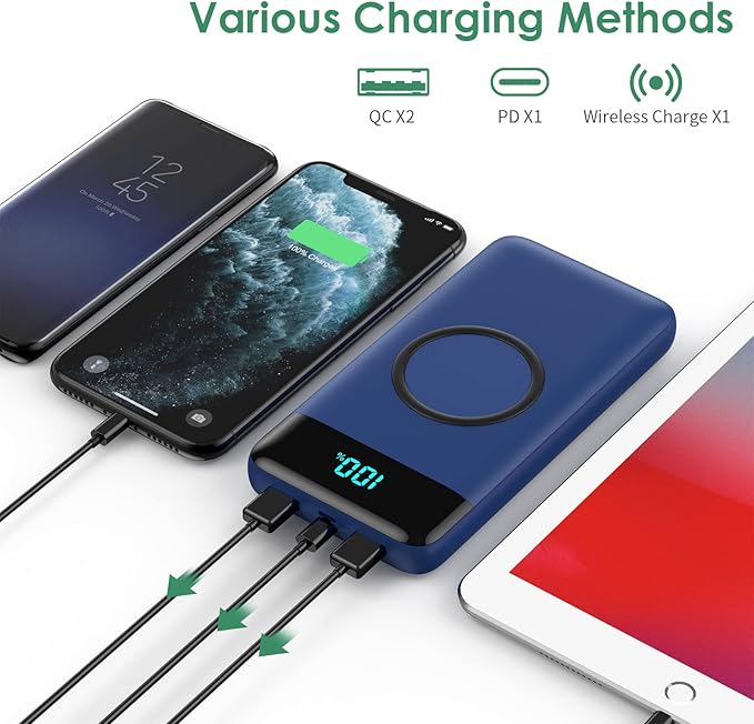 Wireless Portable Charger 30,800mAh 15W Wireless Charging 25W PD QC4.0 Fast Charging Smart LED Display USB-C Power Bank,4 Output& 2 Input External Battery Pack Compatible with iPhone, Samsung etc-Blue