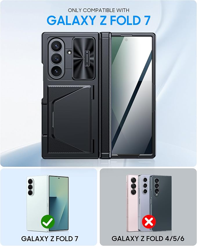 for Samsung Galaxy Z Fold 7 Case with Card Holder RFID Blocking [Privacy Screen Protector ] [Slide Lens Cover] [Hinge Protection] Shockproof Protective Phone Wallet Case for Z Fold 7 (Black)