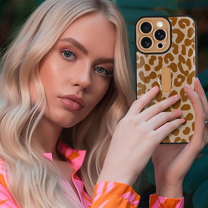 Compatible with iPhone 16 Pro Max Case with Finger Hand Strap Kickstand, Trendy Cool Leopard Cheetah Print Phone Case for Women Men, Full Camera Protection Shockproof Protective Cover, Brown