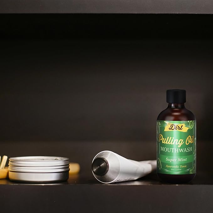 THE DIRT Oil Pulling Mouthwash - Gluten Free - Removes Plaque, Tartar, Bad Breath & Whitens Teeth (Super Mint, 4 Ounce)