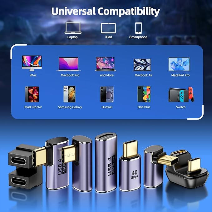 USB C Adapter (7 Pack) with 100W 40 Gbps 8K 60Hz, 90 Degree Right Angle, Straight, Female to Male, USB C Extender for TB3/4, MacBook Pro/Air, Steam Deck and More Type C Devices
