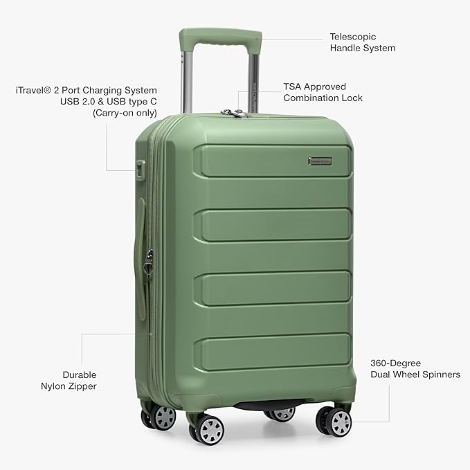 Traveler's Choice Pagosa Indestructible Hardshell Expandable Spinner Luggage, Green, 2-Piece Set (22/26)