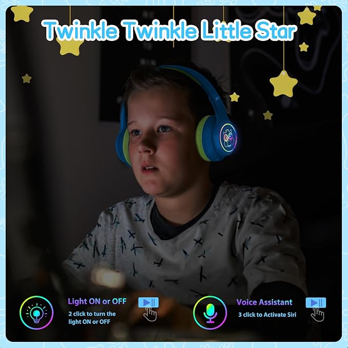 LOBKIN Active Noise Cancelling Headphones for Kids,Bluetooth 5.4,Kids Headphones Wireless with Mic 50H Playtime AUX Cord Safe Volume Limited Foldable for Boy Girl Travel/School/iPad(with LED Lights)