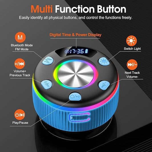 Bluetooth Shower Speaker, Portable Bluetooth 5.3 Speakers Wireless with Time Display, IP7 Waterproof Speakers with RGB Light, Suction Cup, Mini Stereo Speaker for Bathroom Party Beach Outdoor, Azure