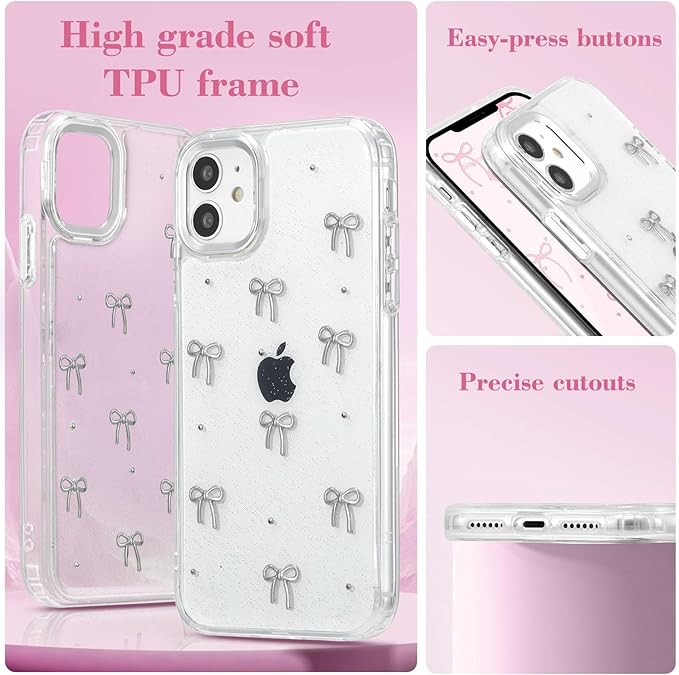 EYZUTAK Case for iPhone 11, Bling Glitter 3D Bowknot Phone Case Cute Sparkly Crystal Clear Bow Aesthetic Design Case Slim Soft Durable TPU Transparent Protective Cover for Women Girls - Bow