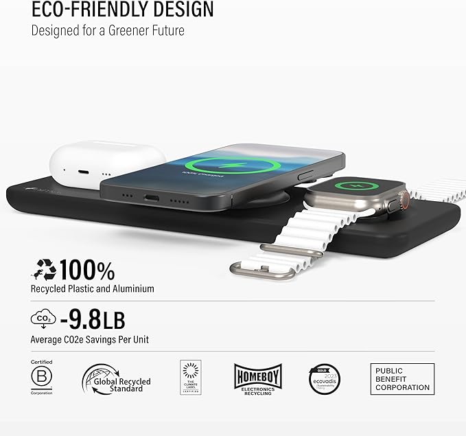Nimble Podium 3-in-1 Wireless Charging Station for Apple, Qi2-Certified 15W Magsafe Charger Stand, Wireless Charger for iPhone 17 16 15 14 13 - Apple Watch - Airpods Series (Charger & USB-C Included)