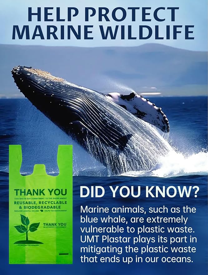 100 Count 100% Biodegradable Thank You Bags – Compostable, Recyclable, Eco-Friendly Grocery T-Shirt, 11.5" x 6.25" x 21", 16 Mic