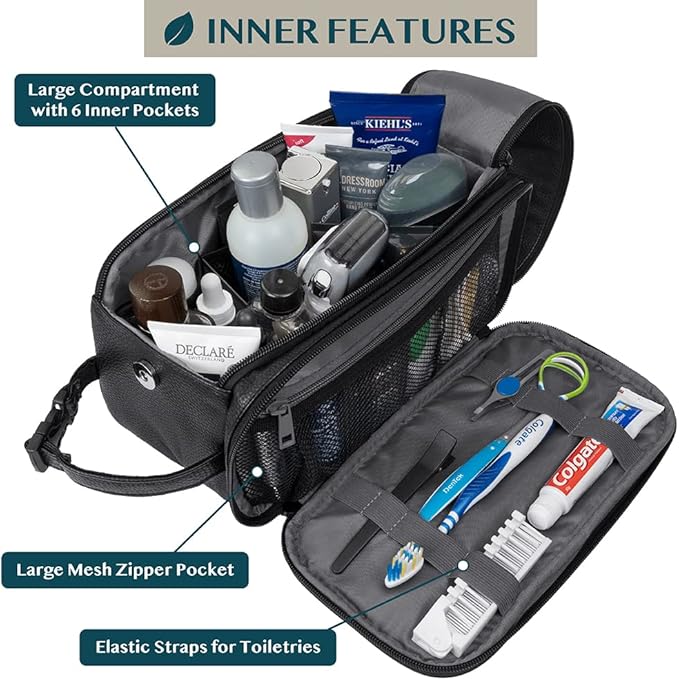 PAVILIA Toiletry Bag for Men, Travel Essentials Shaving Dopp Kit, Mens Travel Bag Toiletries Organizer Case for Grooming, PU Leather Water Resistant Cosmetic Bag Pouch (Black)