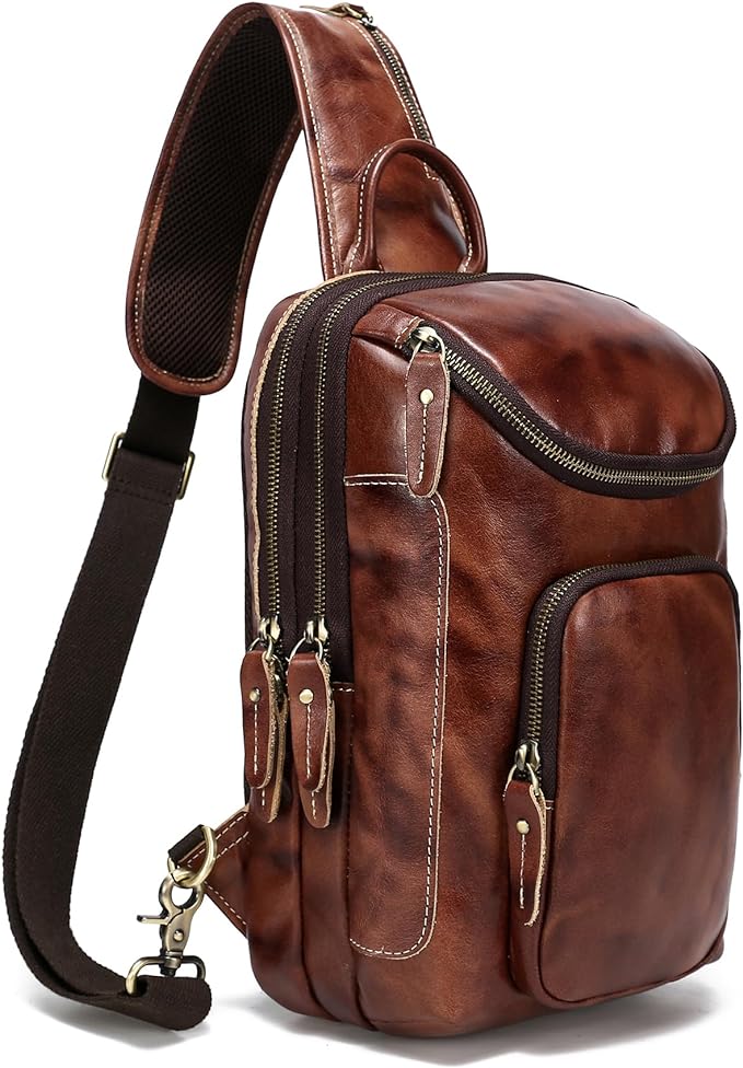 LANNSYNE Vintage Full Grain Leather Sling Bag Crossbody Chest Daypack