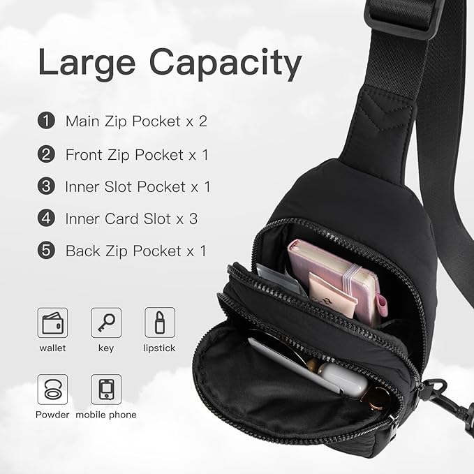 Quilted Puffer Crossbody Bags for Women Small Puffy Sling Bag Lightweight Cross Body Bubble Purse Shoulder Bag for Travel (Black)