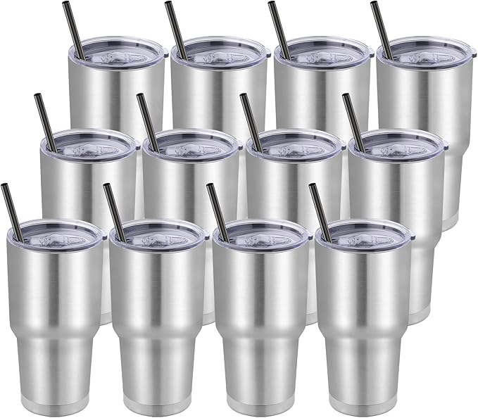 DOMICARE 30 oz Tumbler with Lid and Straw, Stainless Steel Tumblers Bulk, Insulated Vacuum Double Wall Travel Coffee Mug, Durable Powder Coated Tumbler Cups (Stainless Steel, 12)