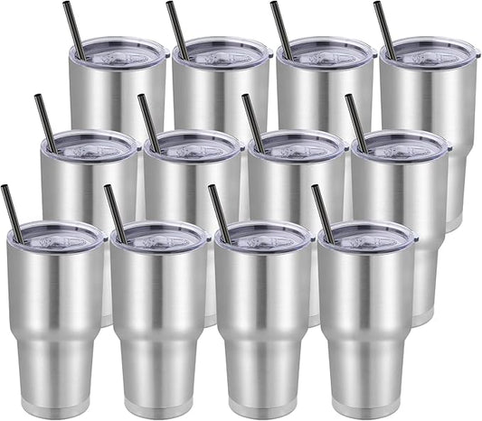 DOMICARE 30 oz Tumbler with Lid and Straw, Stainless Steel Tumblers Bulk, Insulated Vacuum Double Wall Travel Coffee Mug, Durable Powder Coated Tumbler Cups (Stainless Steel, 12)