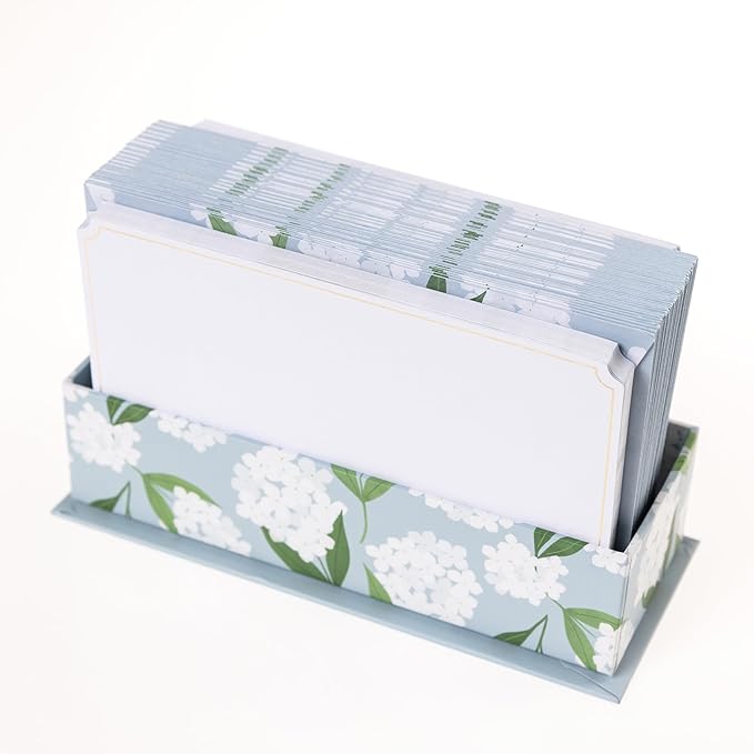 Graphique All Occasion Flat Notes, Pack of 50 Blank Index Cards with Envelopes & Decorative Storage Box, Thick Cardstock Stationary Gift, White Hydrangeas, 5.625” x 3.5”