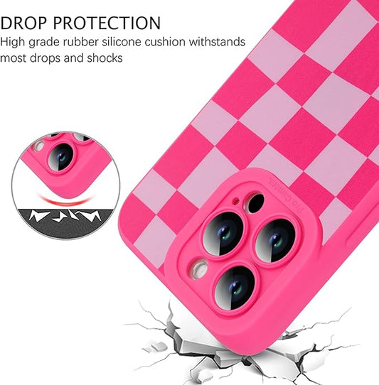 ZIYE for iPhone 14 Pro Max Case Hot Pink Grids Plaid Checkerboard Pattern Phone Case with Camera Protection,Soft TPU Silicone Rubber Protective Cover Grid Checkered Chess Design Cases