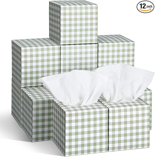 12 Pack Facial Tissues Cube Face Boxes 600 Sheets 3 Ply Small Square Tissues Bulk for Car Bedroom Supplies(Green and White Plaid)
