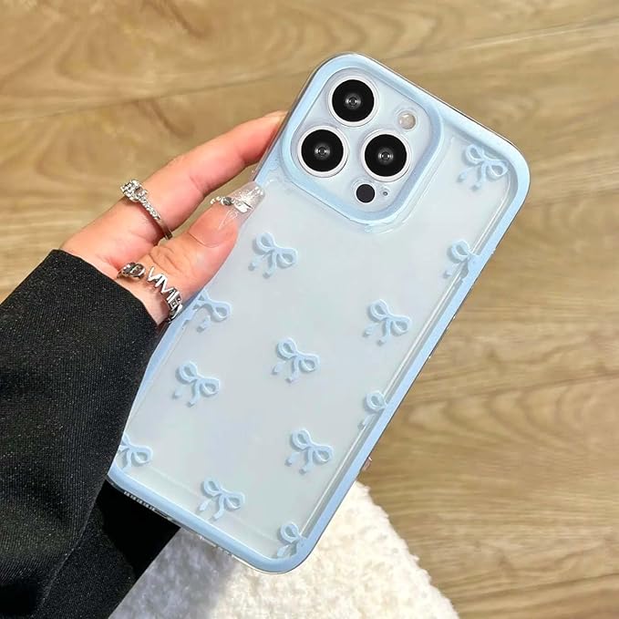 EYZUTAK Case for iPhone 14 Pro Max, Clear Cute Ribbon Bowknot Pattern Aesthetic Transparent Phone Case Raised Camera Protection Stylish Slim Soft Durable TPU Protective Cover for Women Girls - Blue