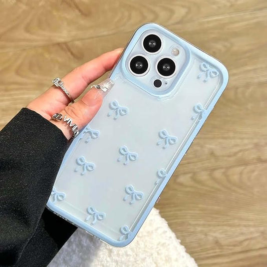 EYZUTAK Case for iPhone 16 Pro, Clear Cute Ribbon Bowknot Pattern Aesthetic Transparent Phone Case Raised Camera Protection Stylish Slim Soft Durable TPU Protective Cover for Women Girls - Blue