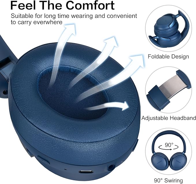 RORSOU B8 Bluetooth Headphones Over Ear, 6 EQ Music Modes and 50H Playtime Deep Bass Wireless Headphones with Mic, Lightweight Folding HiFi Stereo Headset for iPad/Travel/Tablet/PC/Home Blue