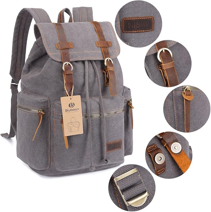 Bluboon Vintage Backpack Leather Trim Casual Bookbag Men Women Laptop Travel Rucksack