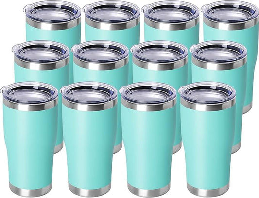 DOMICARE 20oz Tumbler with Lid Stainless Steel Tumblers Bulk, Double Wall Vacuum Insulated Coffee Travel Mug Powder Coated Tumbler, 12 Pack Light Blue