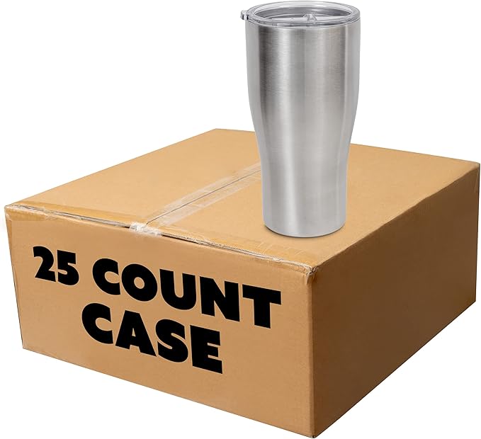 makerflo Silver 30 oz Curve Stainless Steel Tumbler Pack of 25 with Lid & Straw | Craft-Ready for DIY Gifts & Personalization (Epoxy, UV DTF, Vinyl, and Laser Engraving) - Not for Sublimation