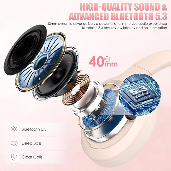 Active Noise Cancelling Headphones, Wireless Over Ear Bluetooth Headphones,100H Play Time Bluetooth Headphone with Microphone,Lightweight and Foldable Comfortable Deep Bass for Work/Gym Pink