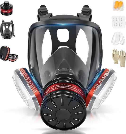 Gas Masks Survival Nuclear and Chemical - Full Face Gas Mask with 40mm Activated Carbon Filter, 6001 Filters, Earplug, and Gloves - Respirator Mask for Gases, Chemicals, Organic Vapors, Dust, Paint