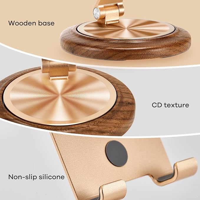 Dual Folding Phone Desk Stand,Adjustable Phone Stand,Phone Stand for Desk,Foldable Wood Phone Holder,Beside Phone Holder,Wood,Gold