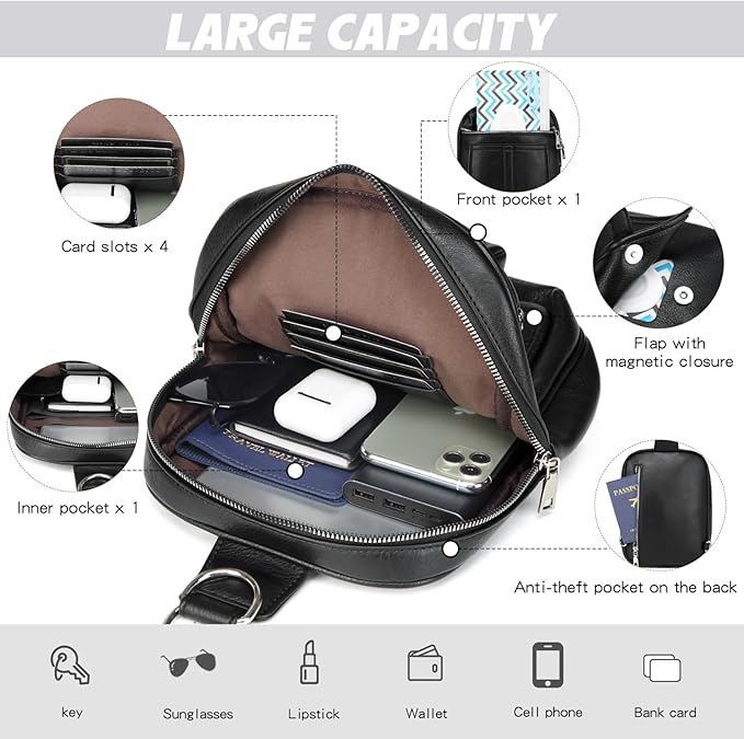 Sling Bag Crossbody Backpack - 2 in 1 Leather Cross Body Bag Fanny Pack with 2 Removable Straps